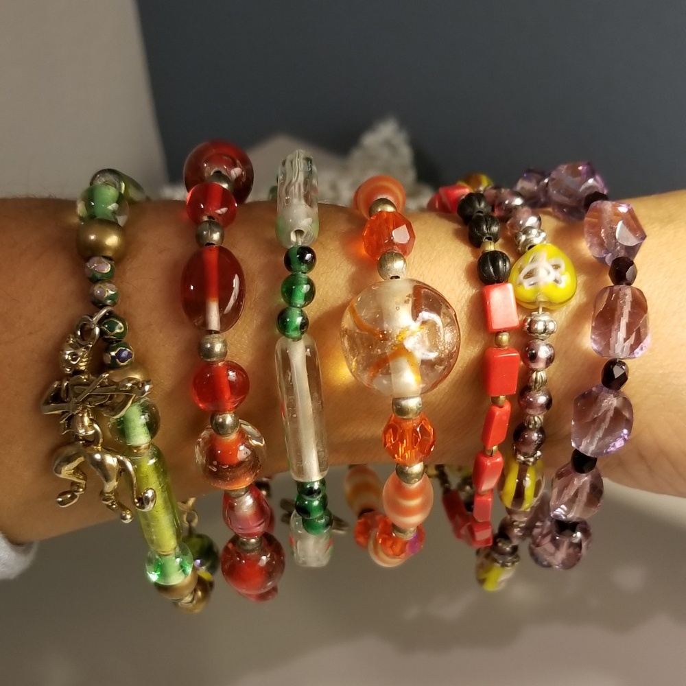 Seven glass bead bracelets